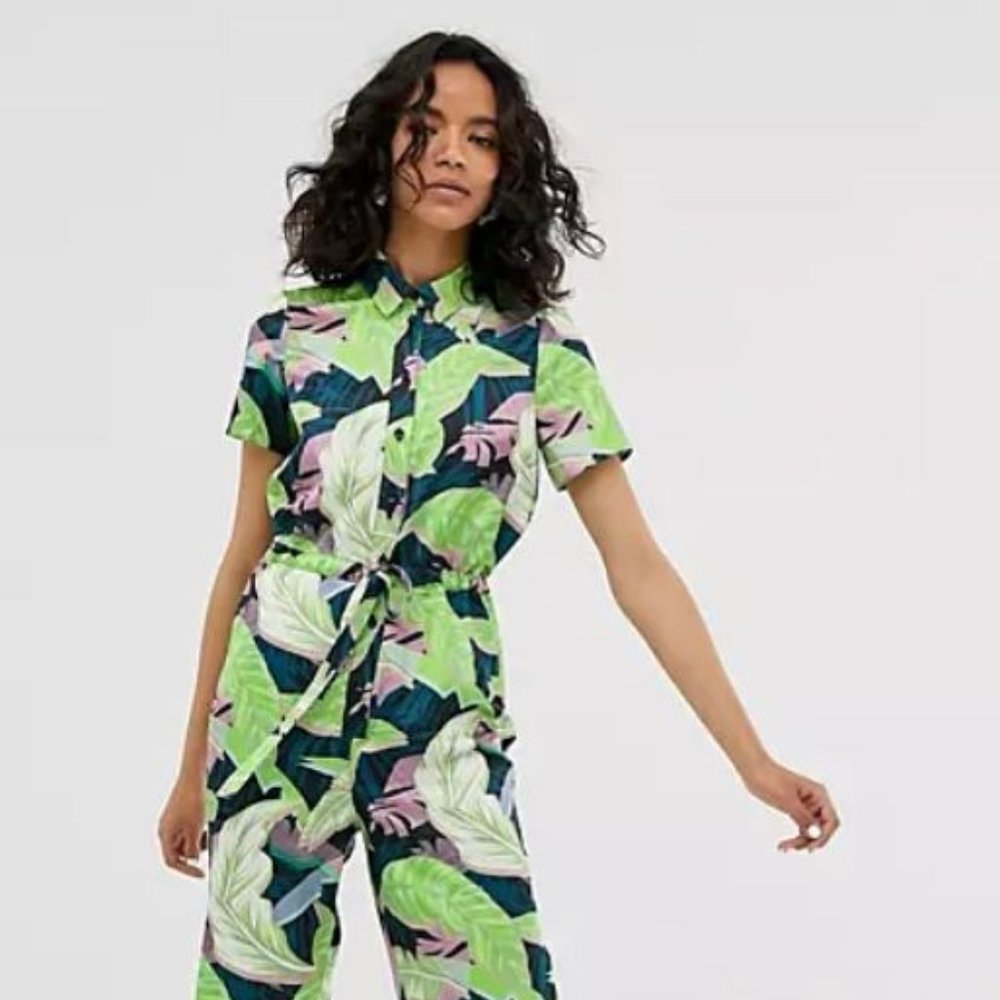 ASOS DESIGN shirt jumpsuit with tie waist in leaf print